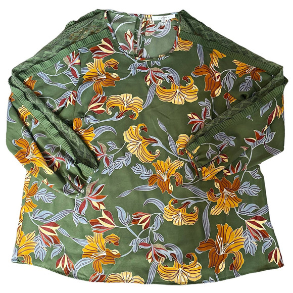 🛍️ Fever Green Floral Print Lace Sleeve Blouse Womens Size 1X - Picture 1 of 9
